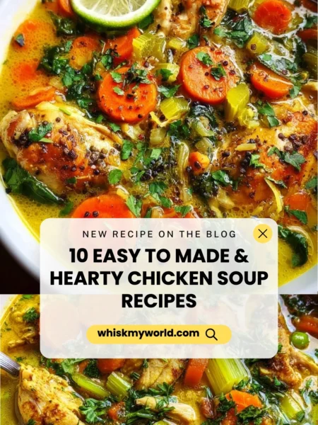 Hearty chicken soup in a bowl with vegetables and herbs