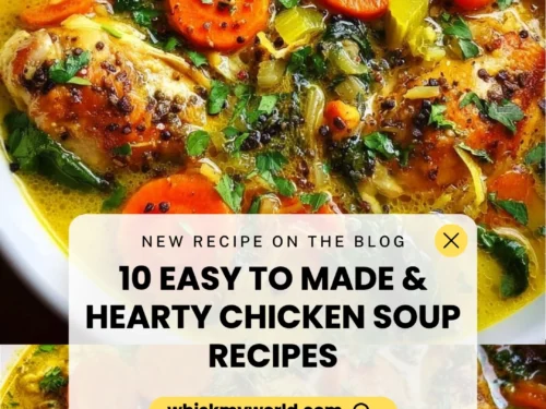 Hearty chicken soup in a bowl with vegetables and herbs