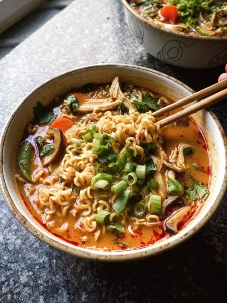 Bowl of Thai Peanut Chicken Ramen with colorful vegetables and noodles