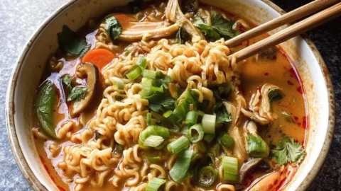 Bowl of Thai Peanut Chicken Ramen with colorful vegetables and noodles
