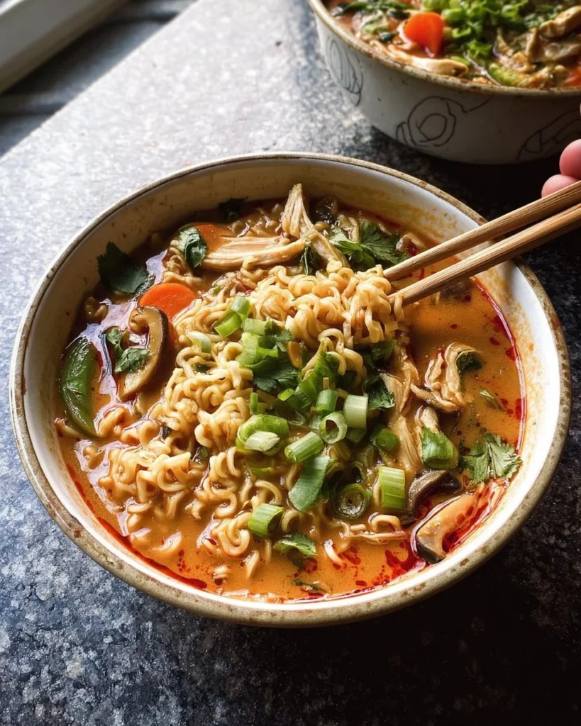 Bowl of Thai Peanut Chicken Ramen with colorful vegetables and noodles