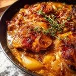 Delicious apple cider smothered chicken garnished with herbs