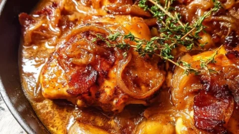 Delicious apple cider smothered chicken garnished with herbs