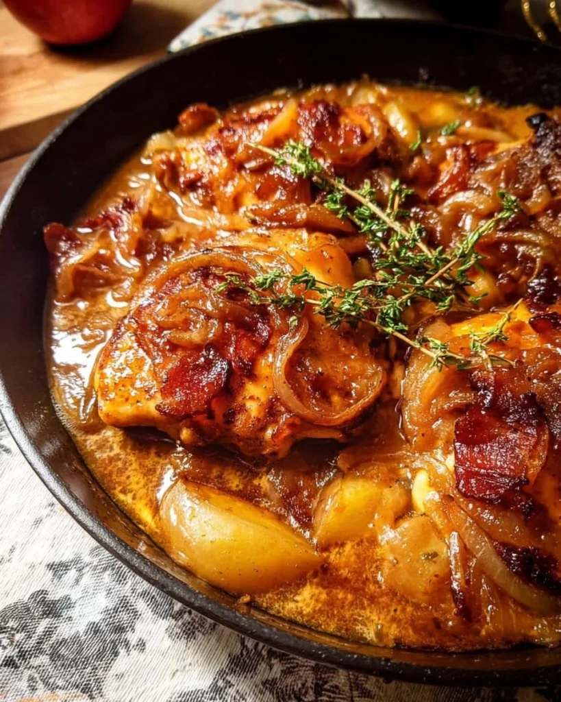 Delicious apple cider smothered chicken garnished with herbs