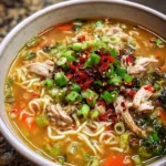 Aromatic ginger garlic chicken noodle soup in a bowl with herbs and noodles