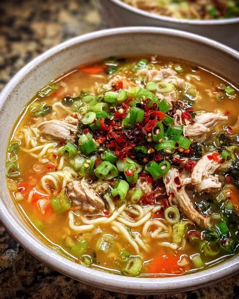 Aromatic ginger garlic chicken noodle soup in a bowl with herbs and noodles