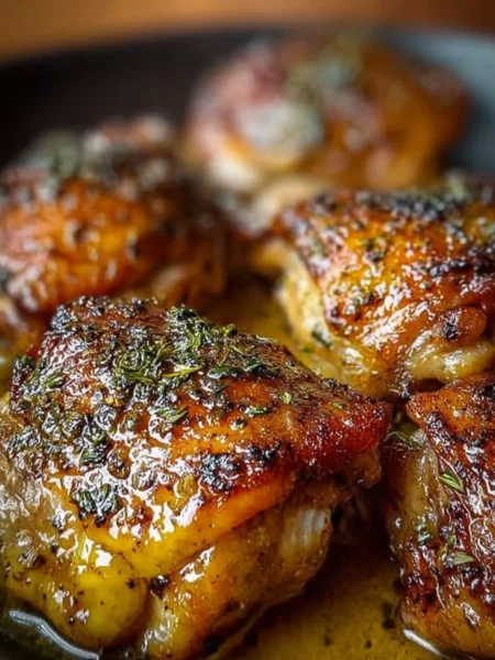 Oven-baked boneless chicken thighs garnished with herbs and spices
