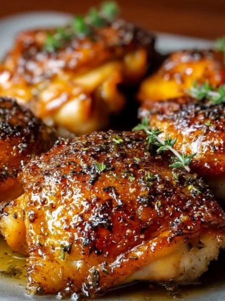 Deliciously golden Baked Chicken Thighs served on a plate with herbs