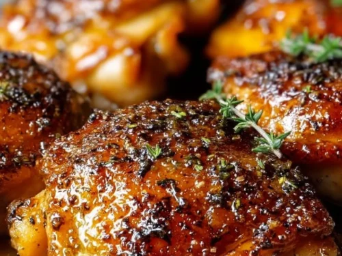 Deliciously golden Baked Chicken Thighs served on a plate with herbs