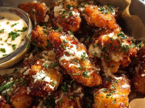 Baked garlic parmesan boneless wings on a platter, garnished with herbs.