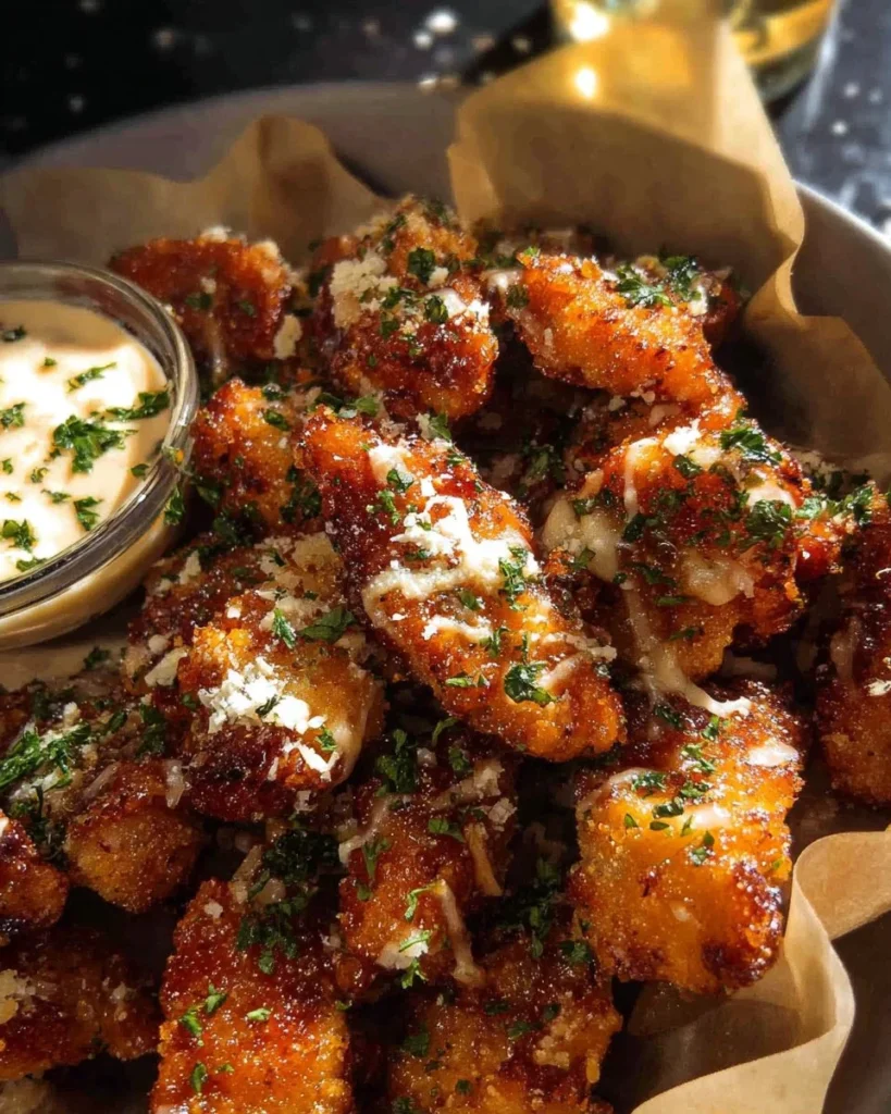 Baked garlic parmesan boneless wings on a platter, garnished with herbs.