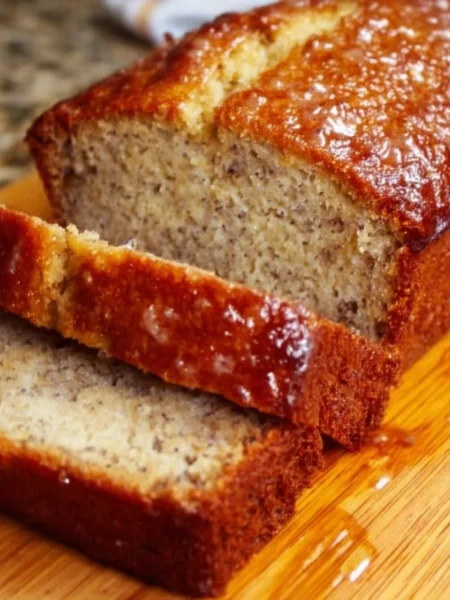 Loaf of freshly baked banana bread with sliced bananas on top