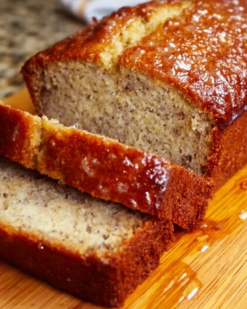 Loaf of freshly baked banana bread with sliced bananas on top