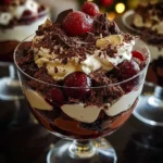 Delicious Black Forest Trifle served in a festive glass for Christmas celebration.