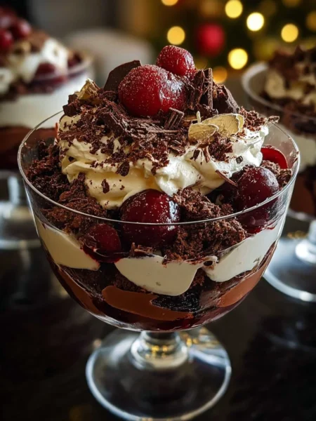 Delicious Black Forest Trifle served in a festive glass for Christmas celebration.