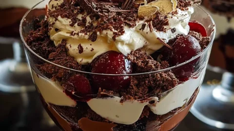 Delicious Black Forest Trifle served in a festive glass for Christmas celebration.