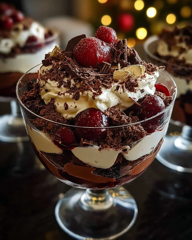 Delicious Black Forest Trifle served in a festive glass for Christmas celebration.