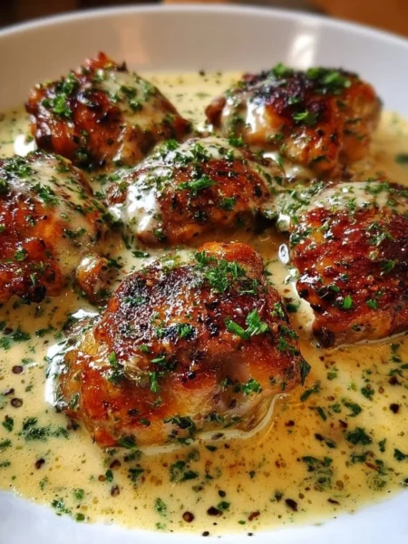 Bobby Flay's chicken thighs with creamy garlic sauce served in a skillet