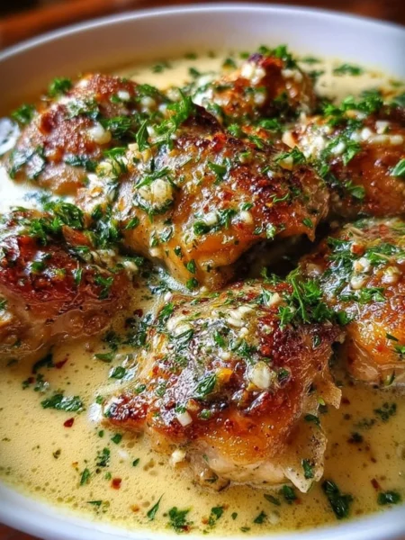 Bobby Flay's chicken thighs served with creamy garlic sauce