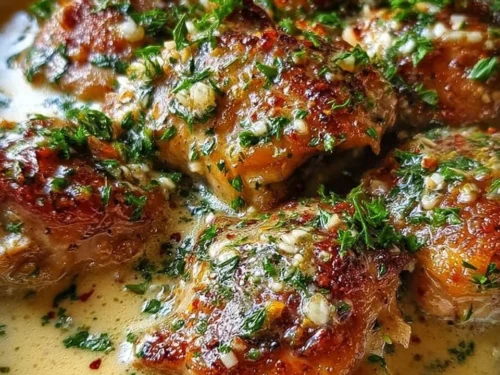 Bobby Flay's chicken thighs served with creamy garlic sauce