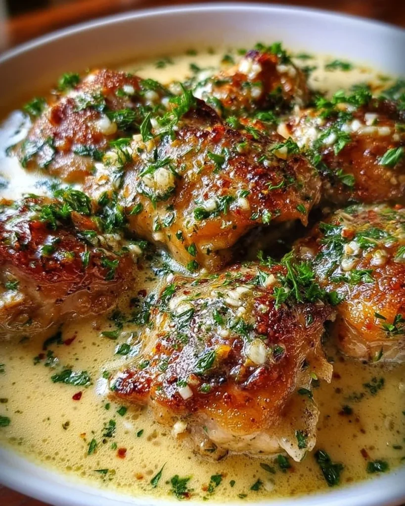Bobby Flay's chicken thighs served with creamy garlic sauce
