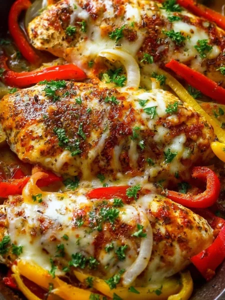 Cheesy baked chicken breast served with colorful peppers