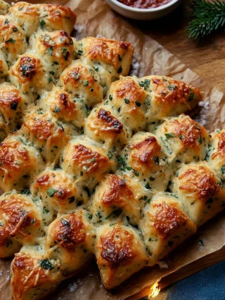 Cheesy Christmas tree bread shaped like a festive tree, ideal for holiday feasts.