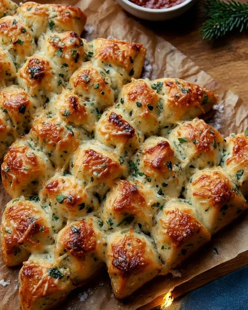 Cheesy Christmas tree bread shaped like a festive tree, ideal for holiday feasts.