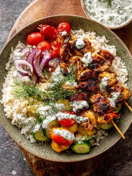 Delicious Chicken Tzatziki Rice Bowl with fresh ingredients and creamy sauce