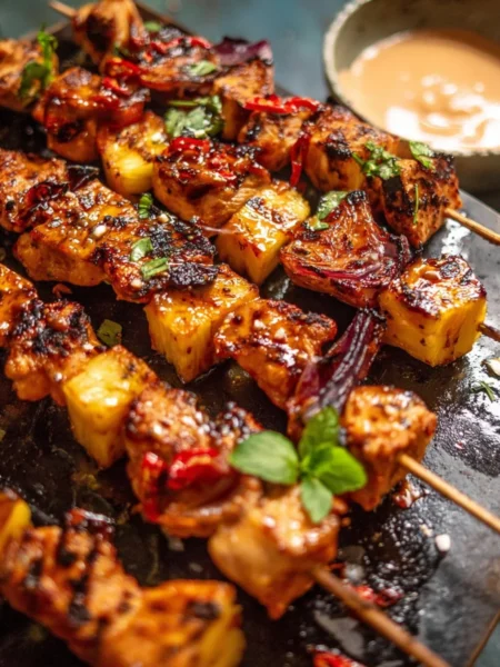 Delicious Chipotle Pineapple Bang Bang Chicken Skewers ready for grilling
