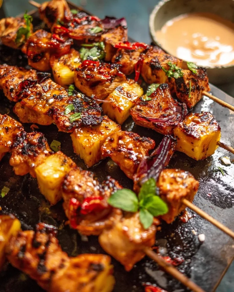 Delicious Chipotle Pineapple Bang Bang Chicken Skewers ready for grilling