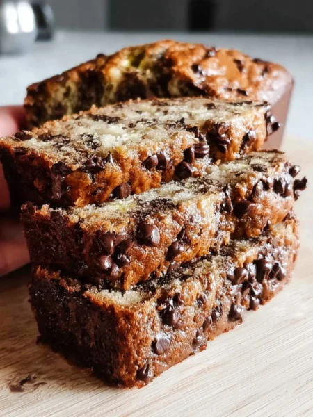Deliciously baked Chocolate Chip Banana Bread with chocolate chips on top.