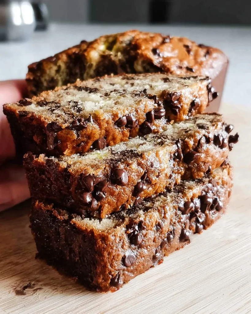 Deliciously baked Chocolate Chip Banana Bread with chocolate chips on top.