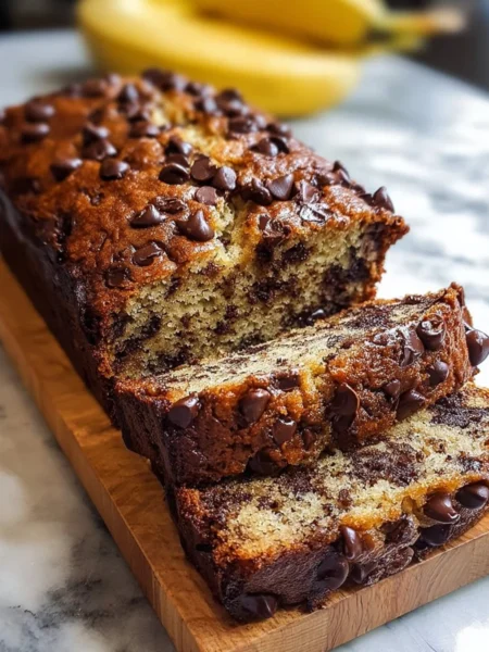 Delicious chocolate chip banana bread freshly baked and sliced.
