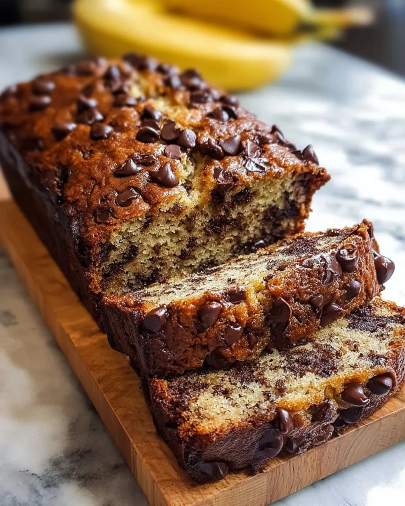 Delicious chocolate chip banana bread freshly baked and sliced.
