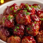 Christmas Cranberry Meatballs served on a festive platter