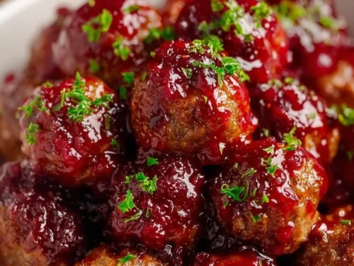 Christmas Cranberry Meatballs served on a festive platter