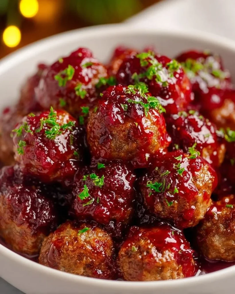 Christmas Cranberry Meatballs served on a festive platter