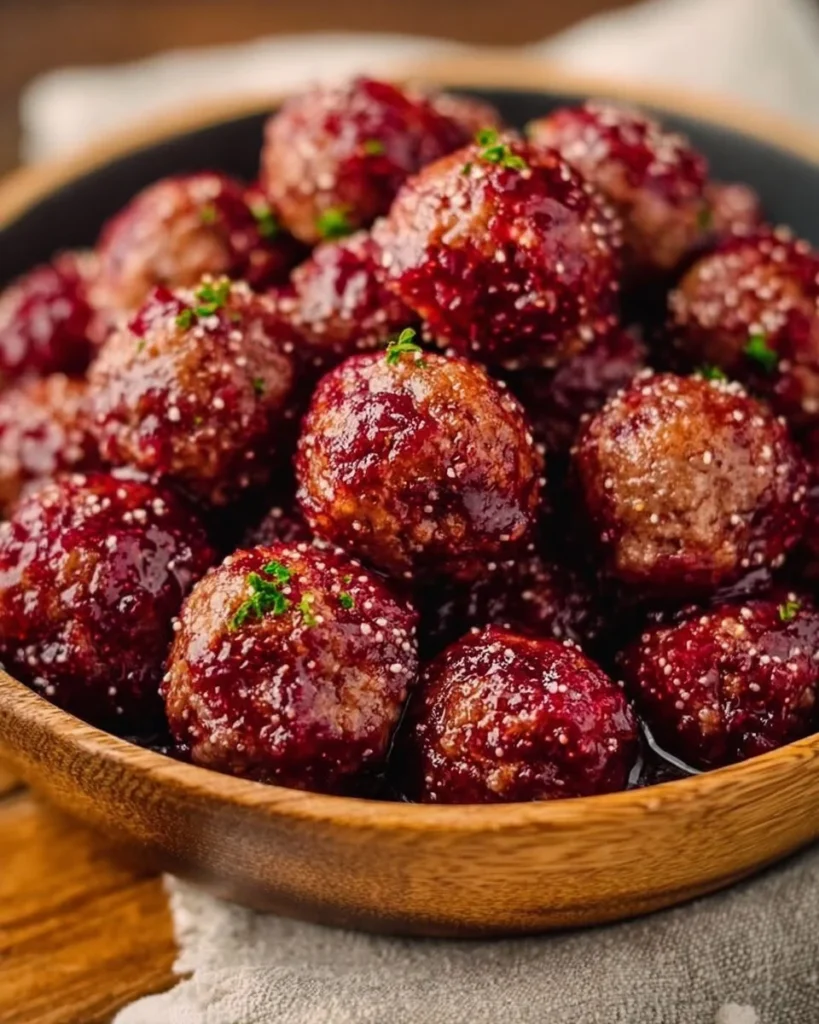 Christmas cranberry meatballs served on a festive platter