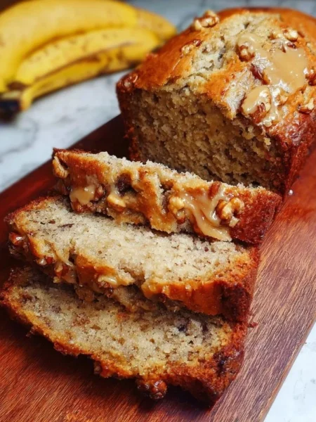 Loaf of classic banana bread on a wooden table with slices cut