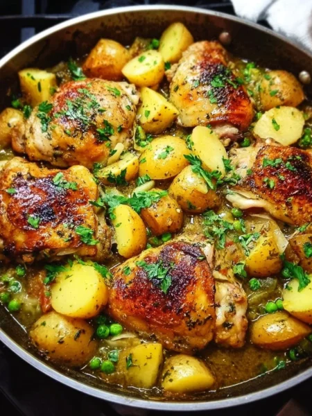 Classic Chicken Vesuvio served with garlic, herbs, and crispy potatoes.