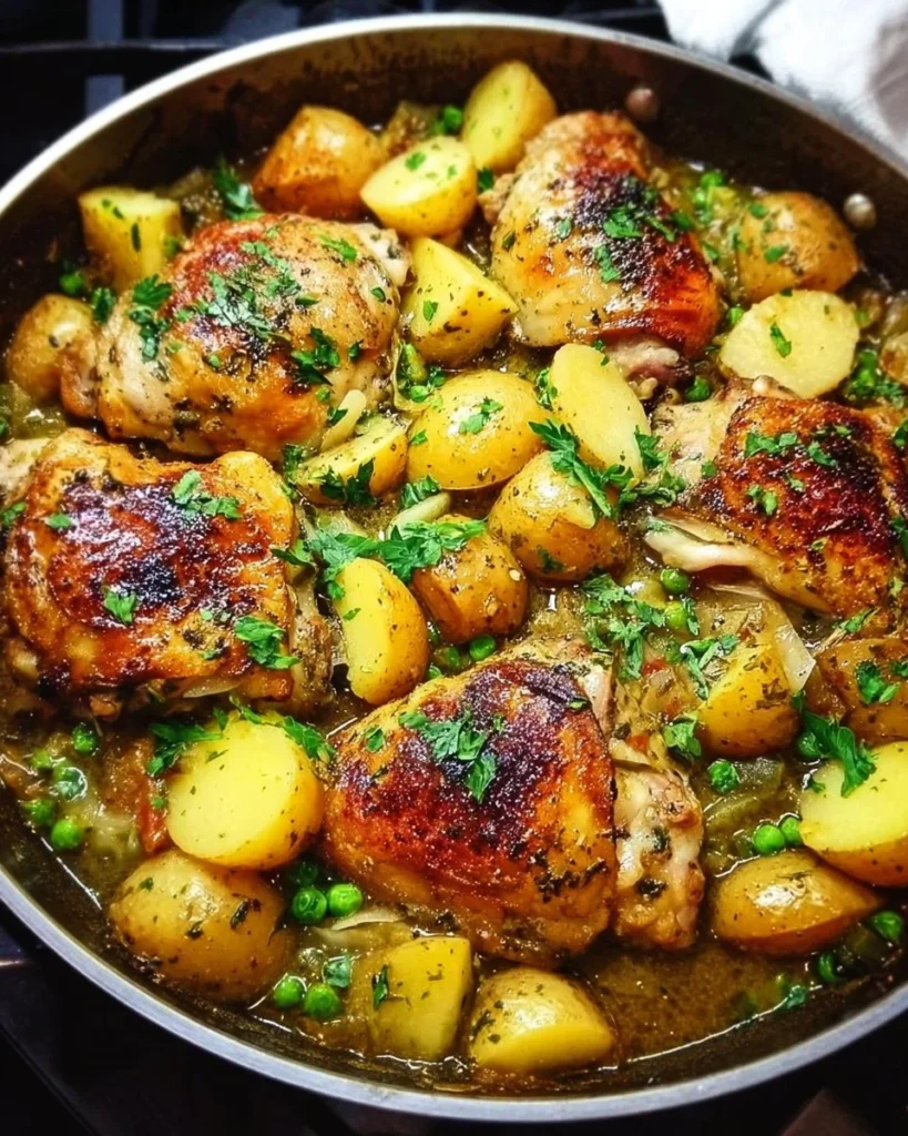 Classic Chicken Vesuvio served with garlic, herbs, and crispy potatoes.