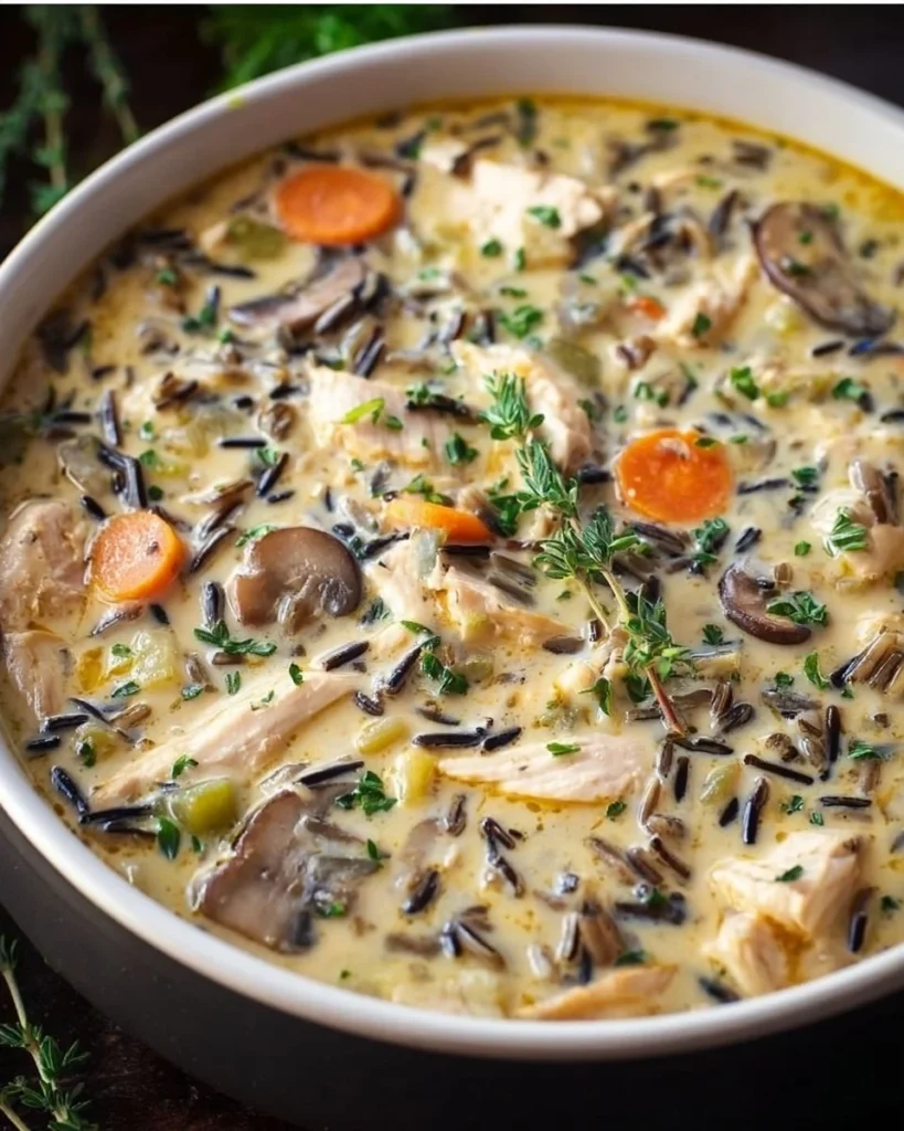 Bowl of creamy chicken and wild rice soup garnished with fresh herbs