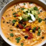 Bowl of creamy chicken enchilada soup garnished with cilantro and cheese.