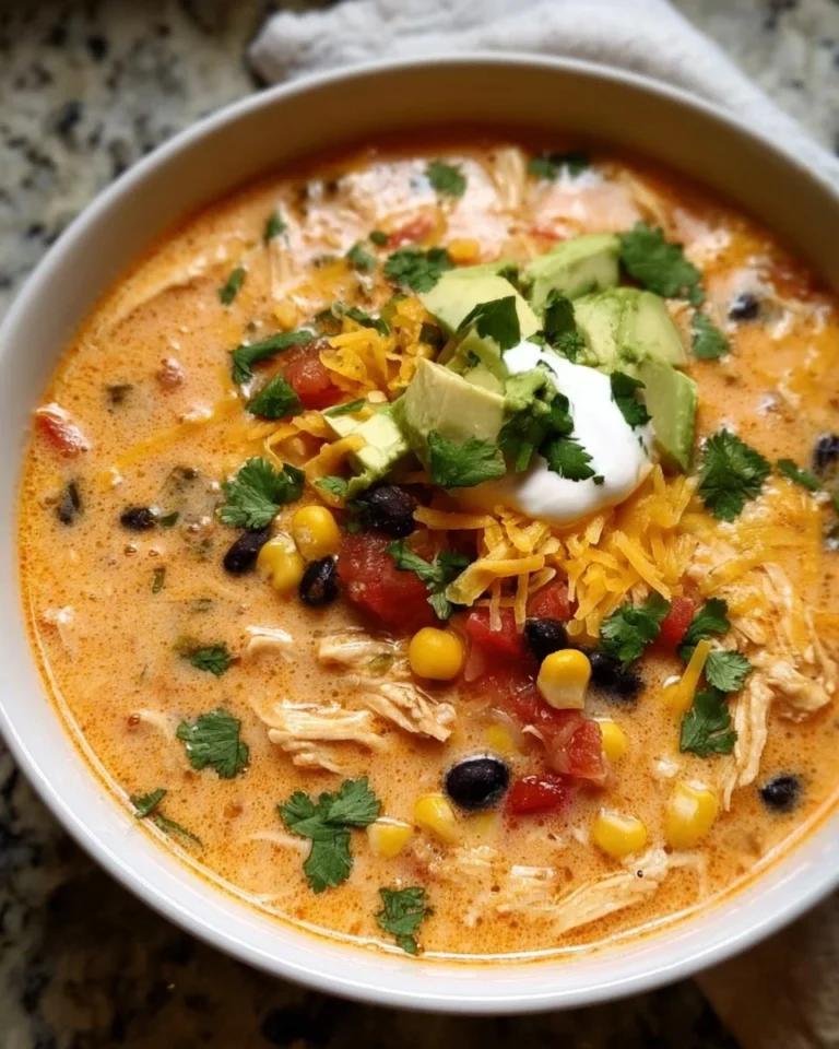 Bowl of creamy chicken enchilada soup garnished with cilantro and cheese.