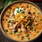 Bowl of creamy chicken enchilada soup garnished with cilantro and tortilla strips