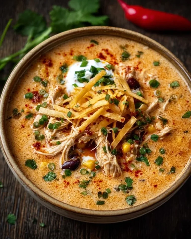 Bowl of creamy chicken enchilada soup garnished with cilantro and tortilla strips
