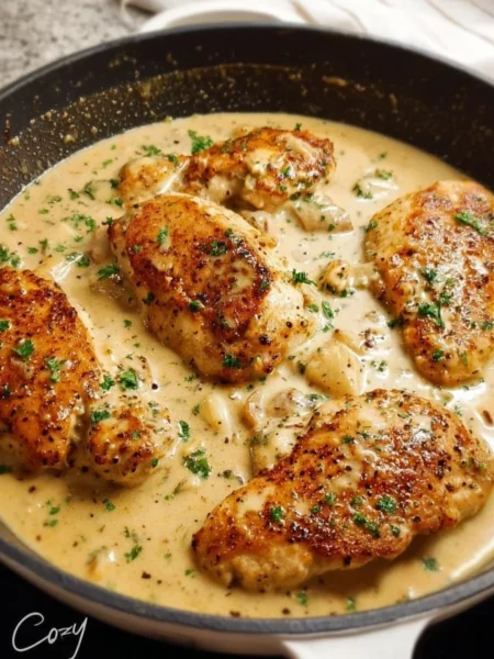 Creamy garlic chicken dish served with herbs and spices for flavor