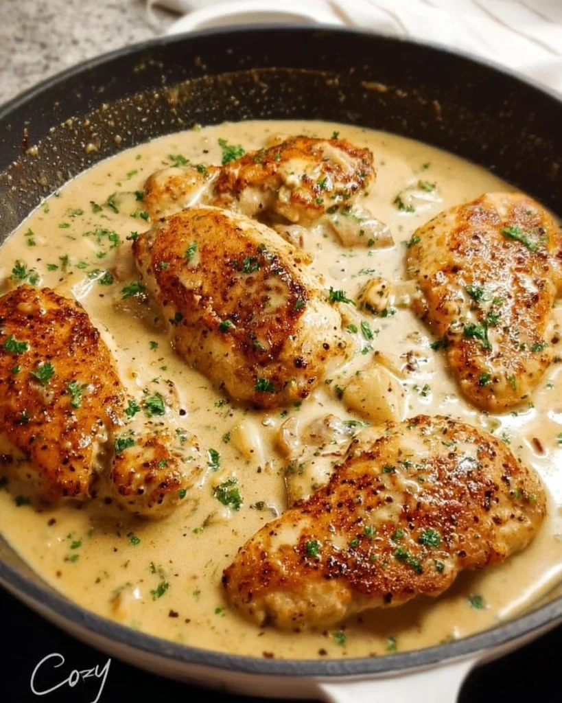 Creamy garlic chicken dish served with herbs and spices for flavor