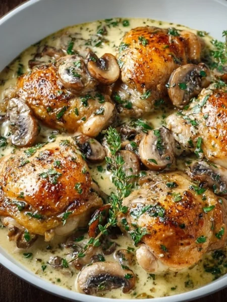 Creamy garlic mushroom chicken thighs on a plate garnished with herbs.